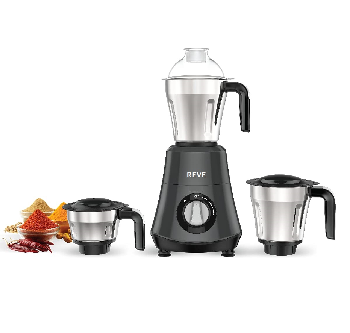 REVE 750 watt Mixer Grinder with 3 Wider mouth Stainless Steel Jar, Hands Free operation